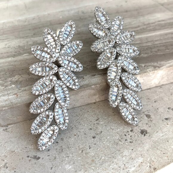 NEW ~ Anthropologie Pavé X Baguette Fancy Flower Drop Stud Silver Earrings - Picture 3 of 14